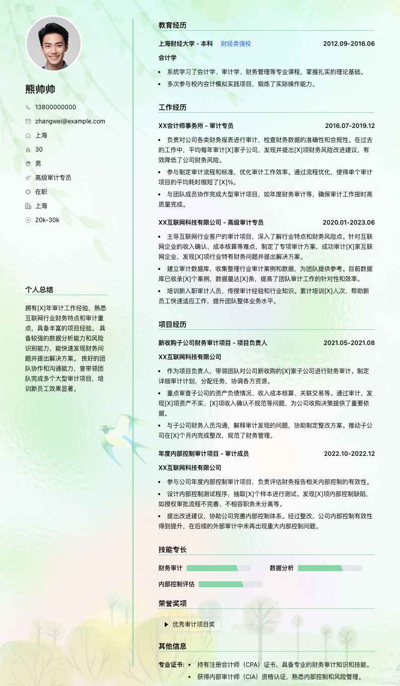 高级审计专员简历模板