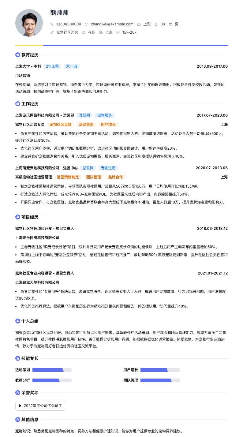 宠物社区运营简历模板