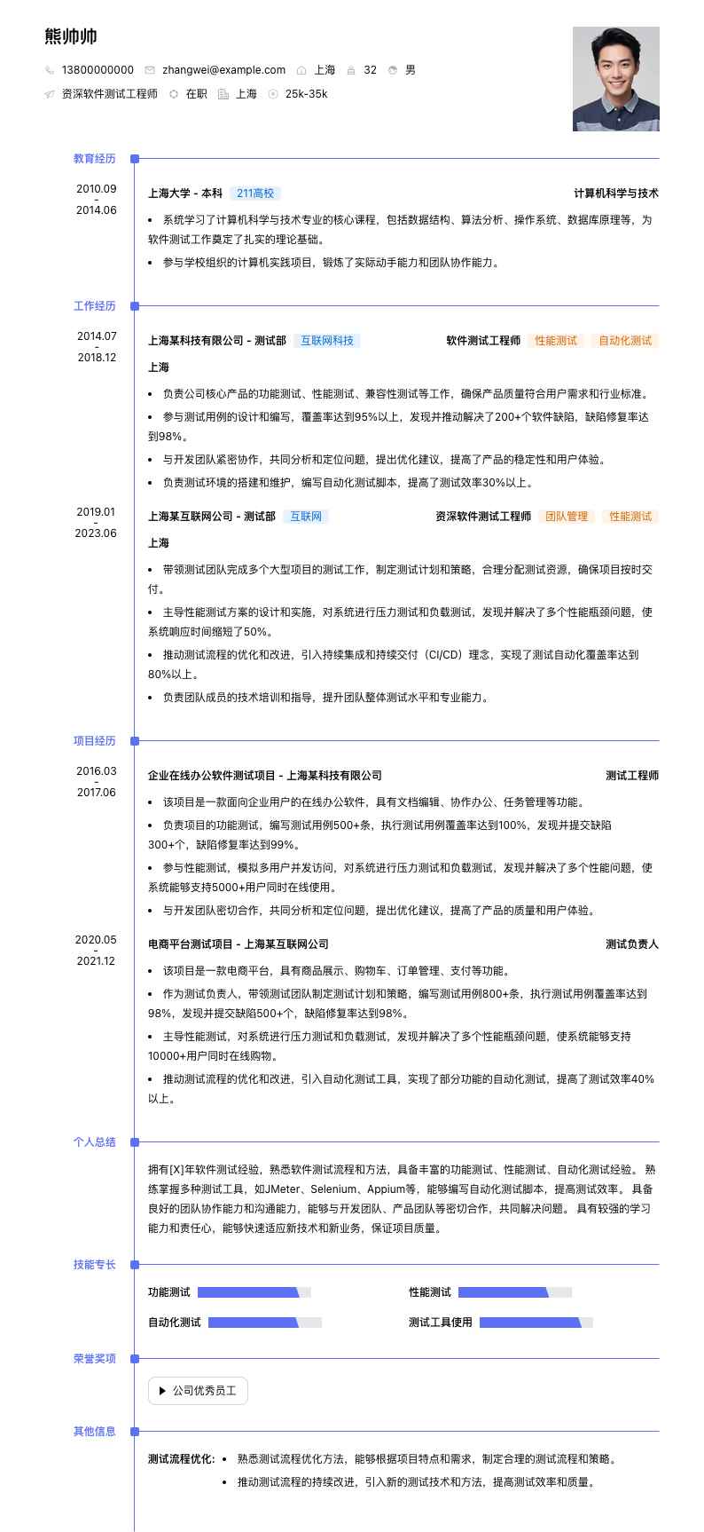 资深软件测试工程师简历模板