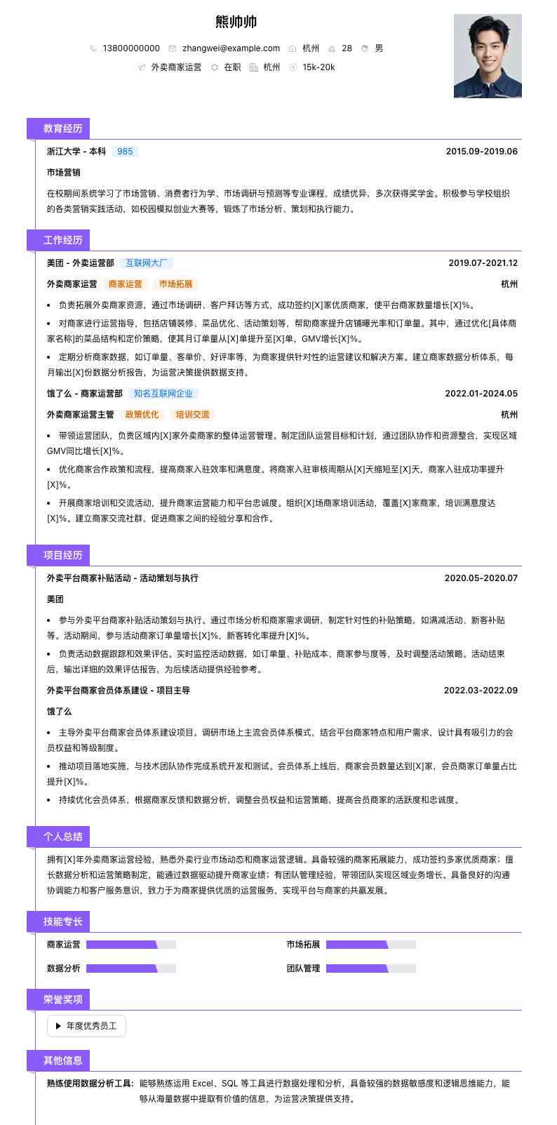 外卖商家运营简历模板