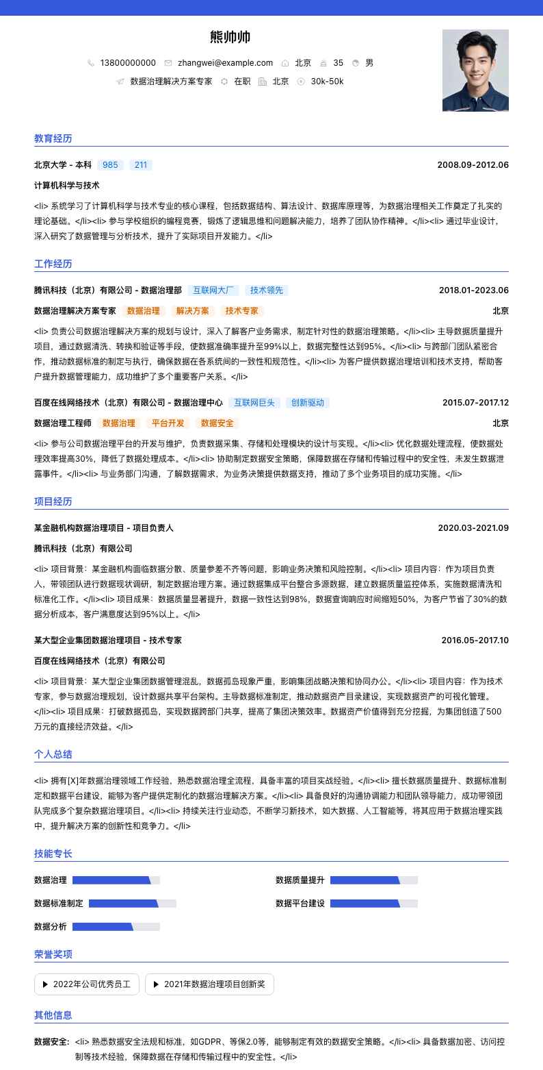 数据治理解决方案专家简历模板