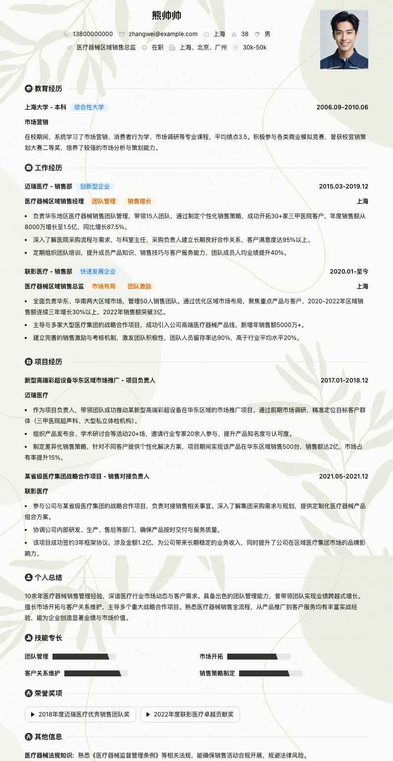医疗器械区域销售总监简历模板