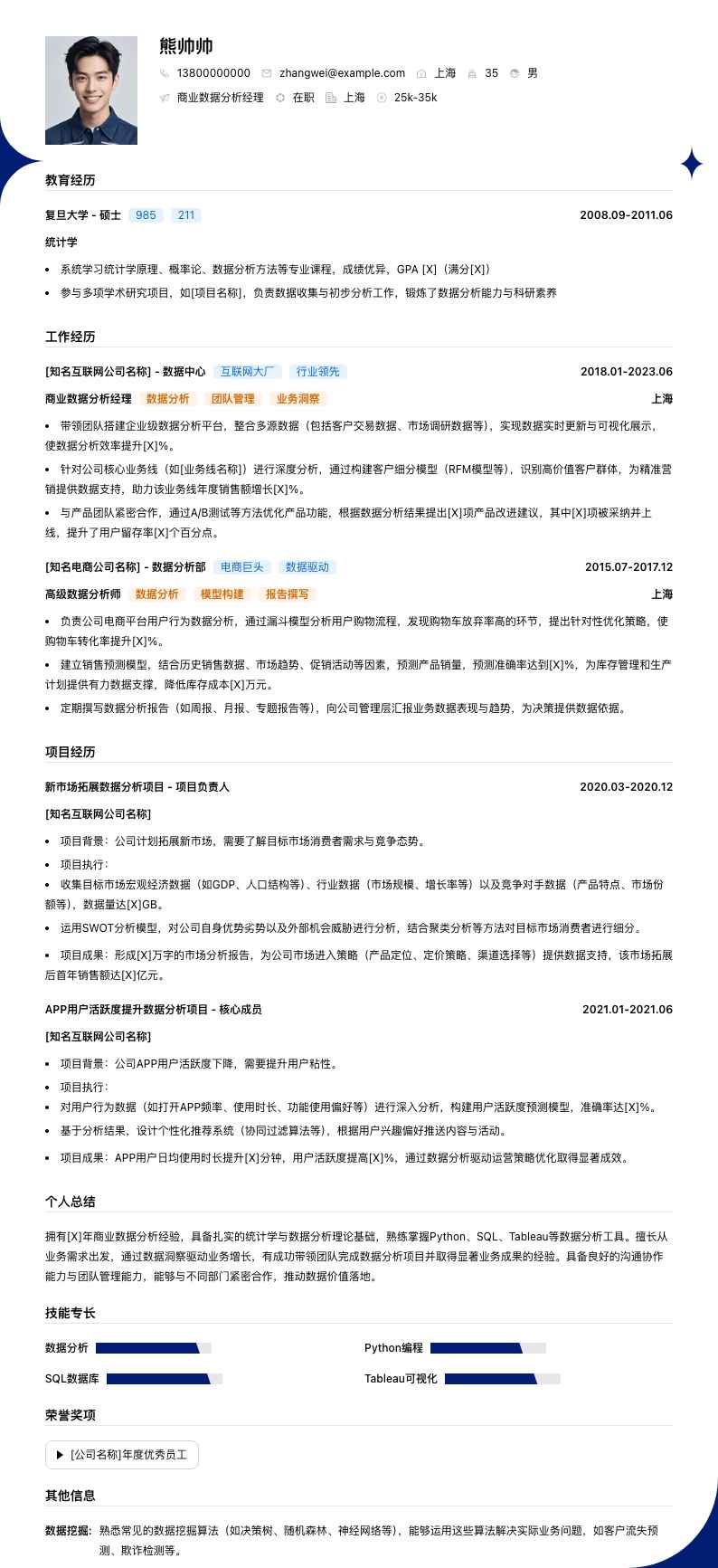 商业数据分析经理简历模板