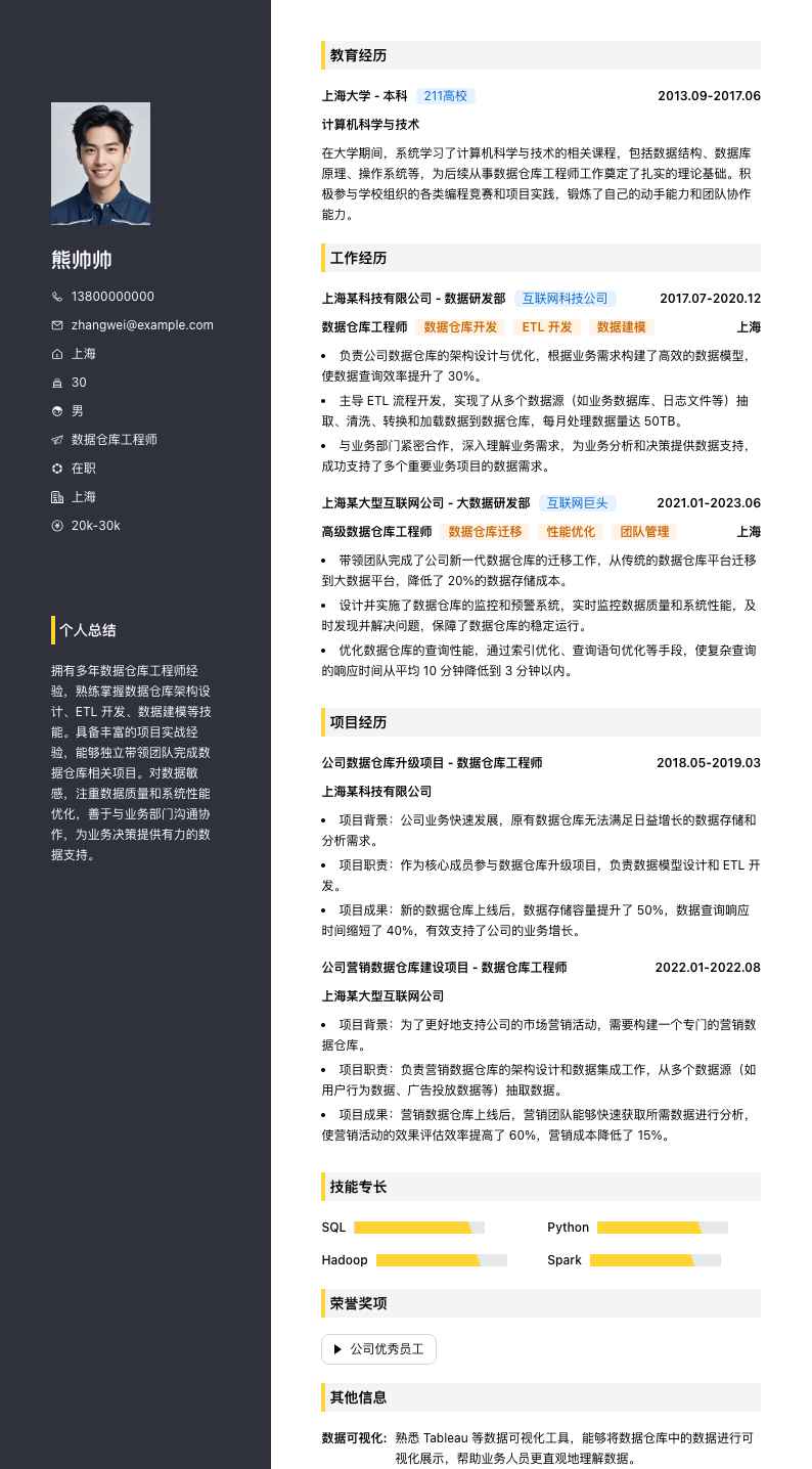 数据仓库工程师简历模板