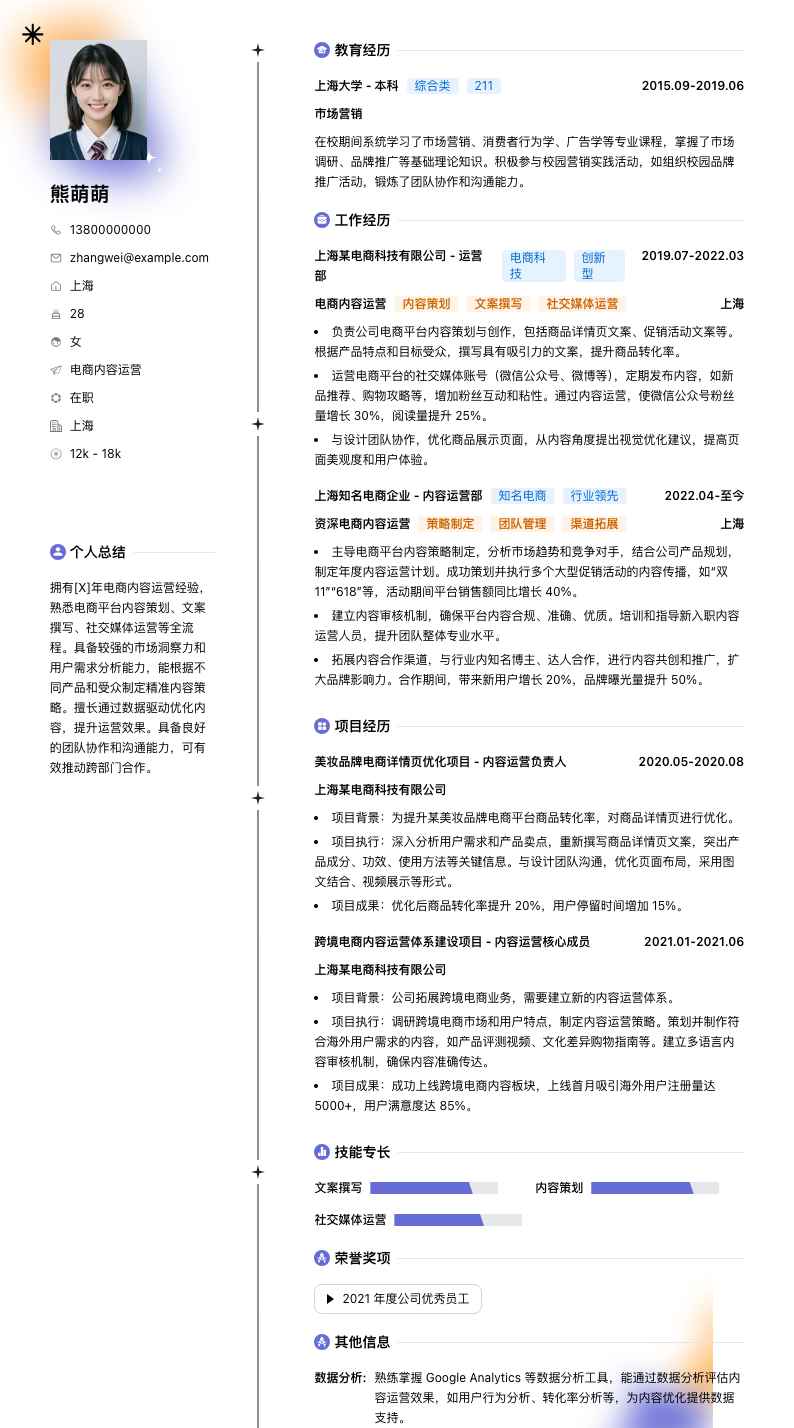 电商内容运营简历模板