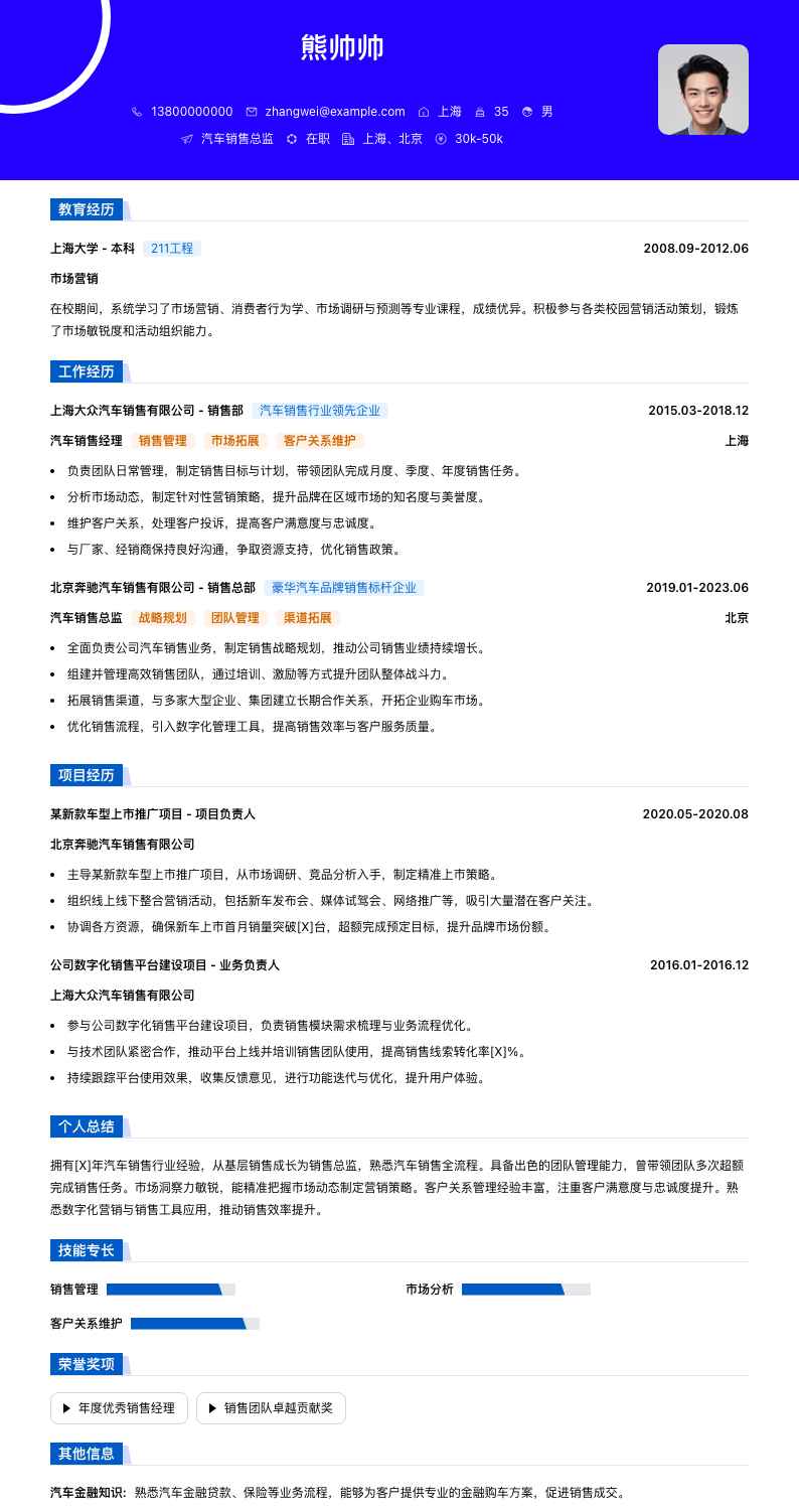 汽车销售总监简历模板