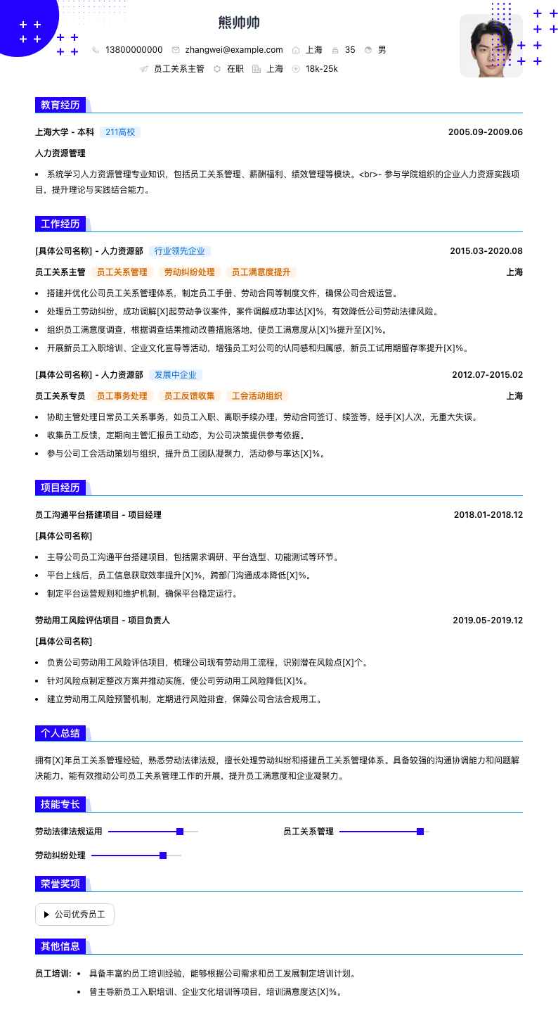 员工关系主管简历模板