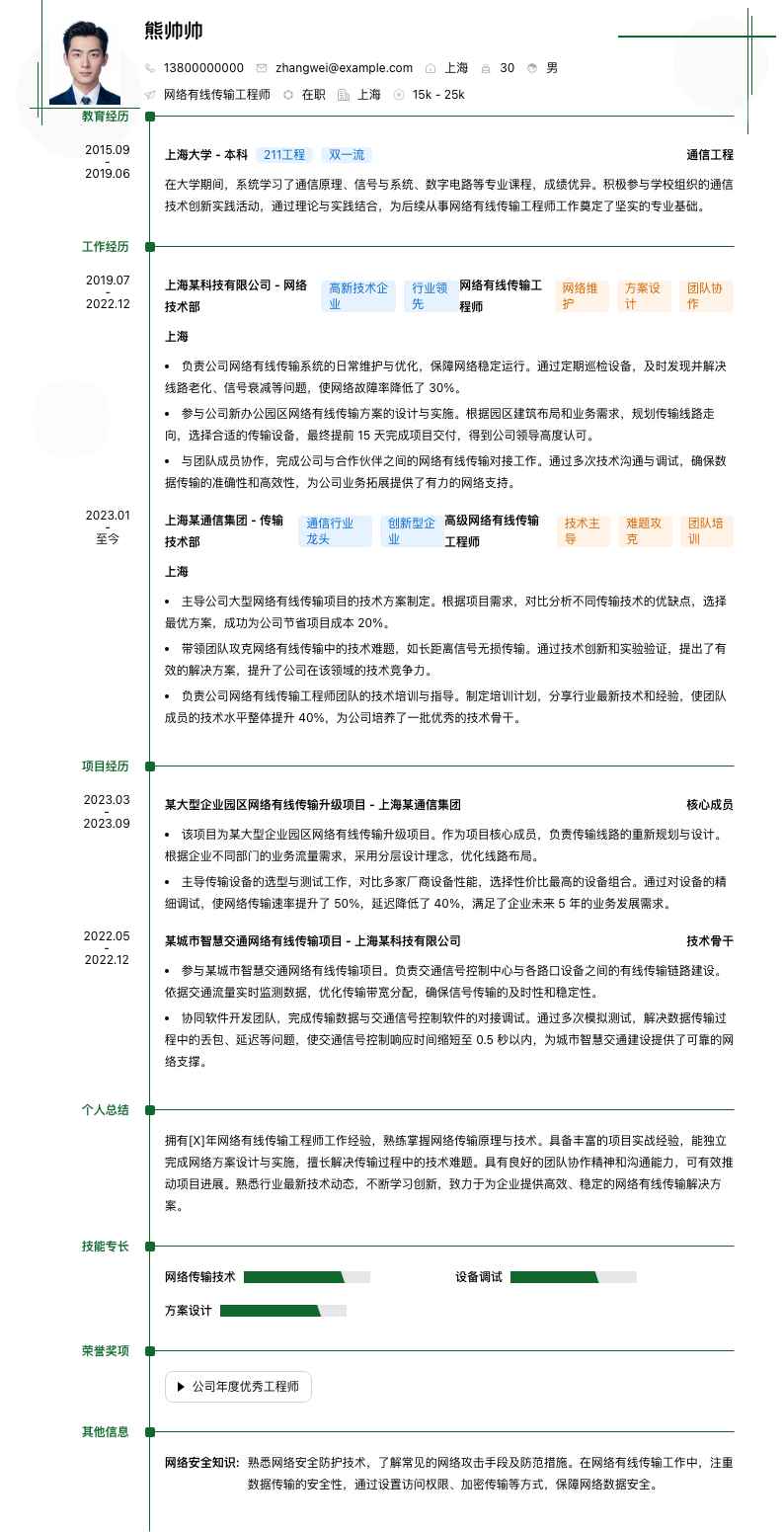 网络有线传输工程师简历模板
