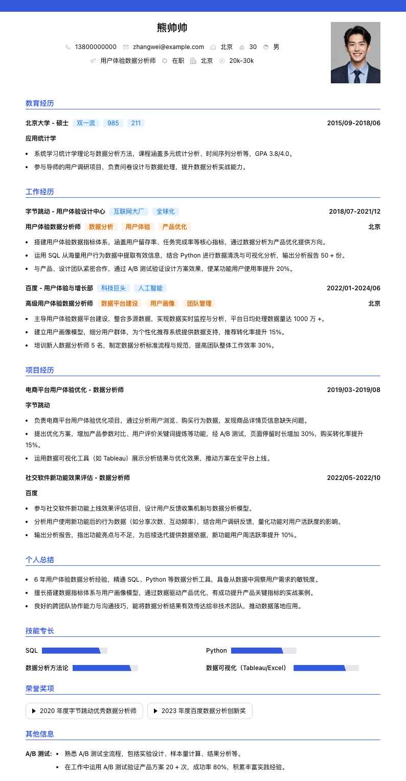 用户体验数据分析师简历模板