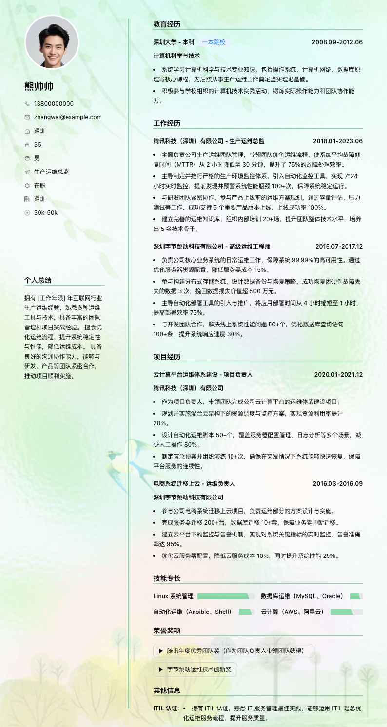 生产运维总监简历模板