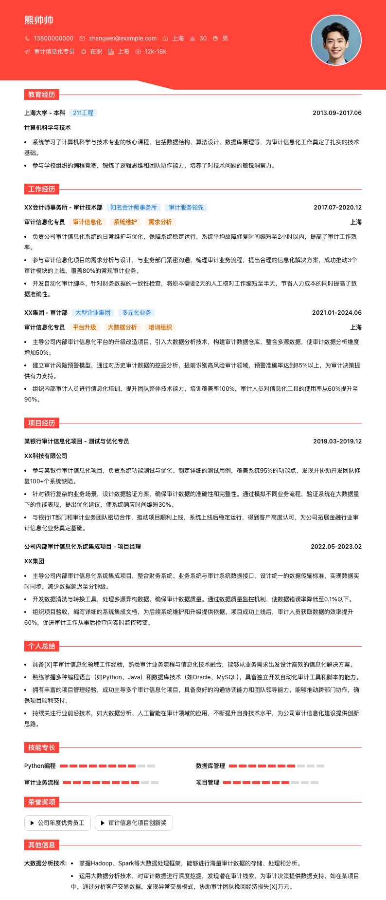 审计信息化专员简历模板