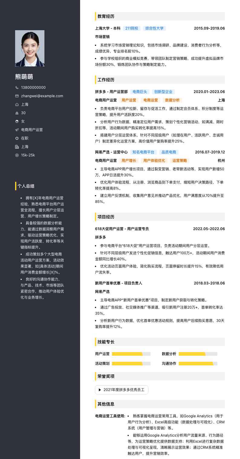 电商用户运营简历模板