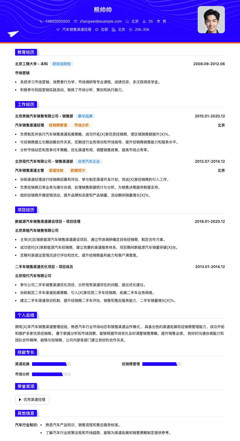 汽车销售渠道经理简历模板