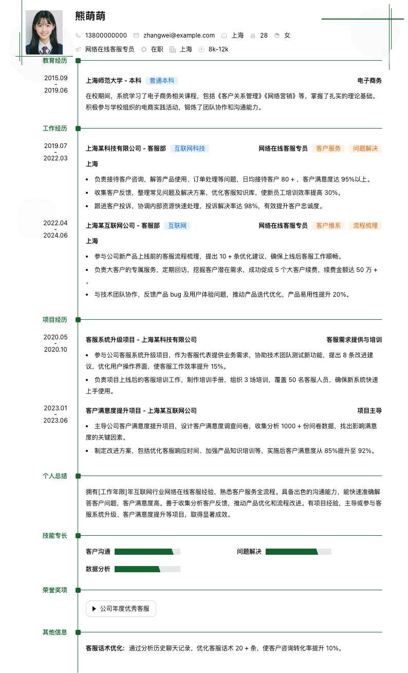 网络在线客服专员简历模板