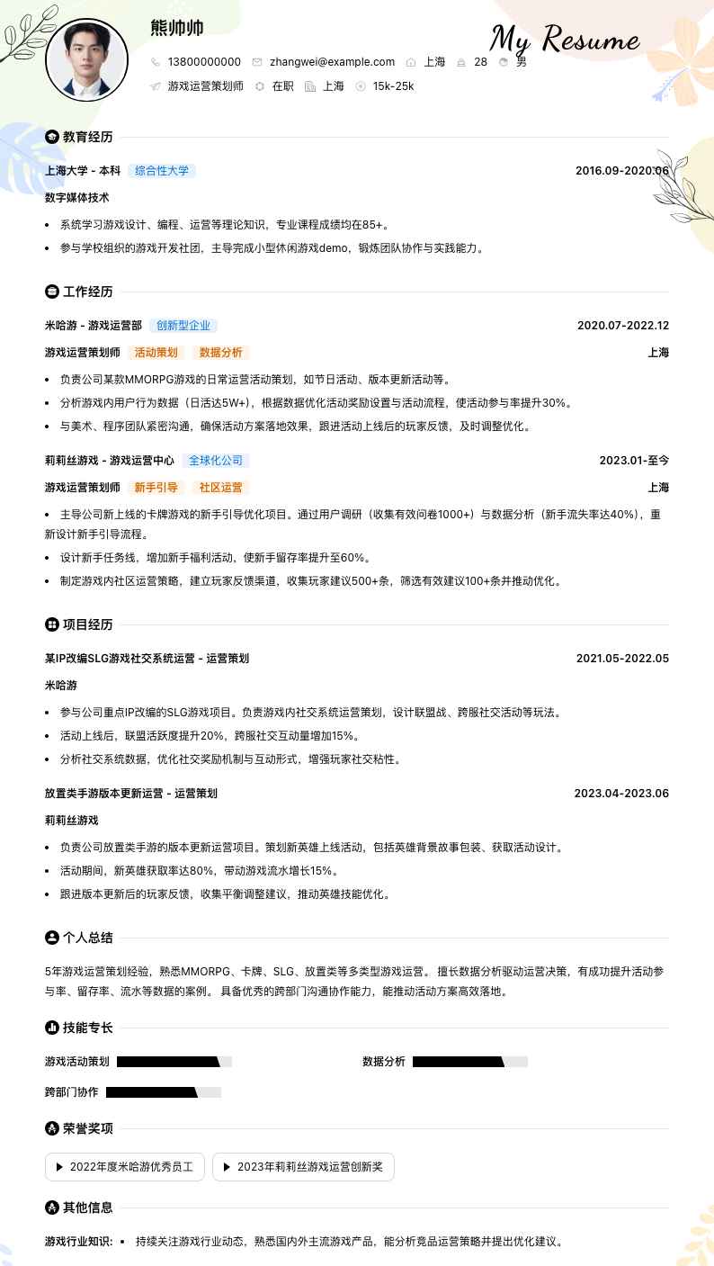 游戏运营策划师简历模板
