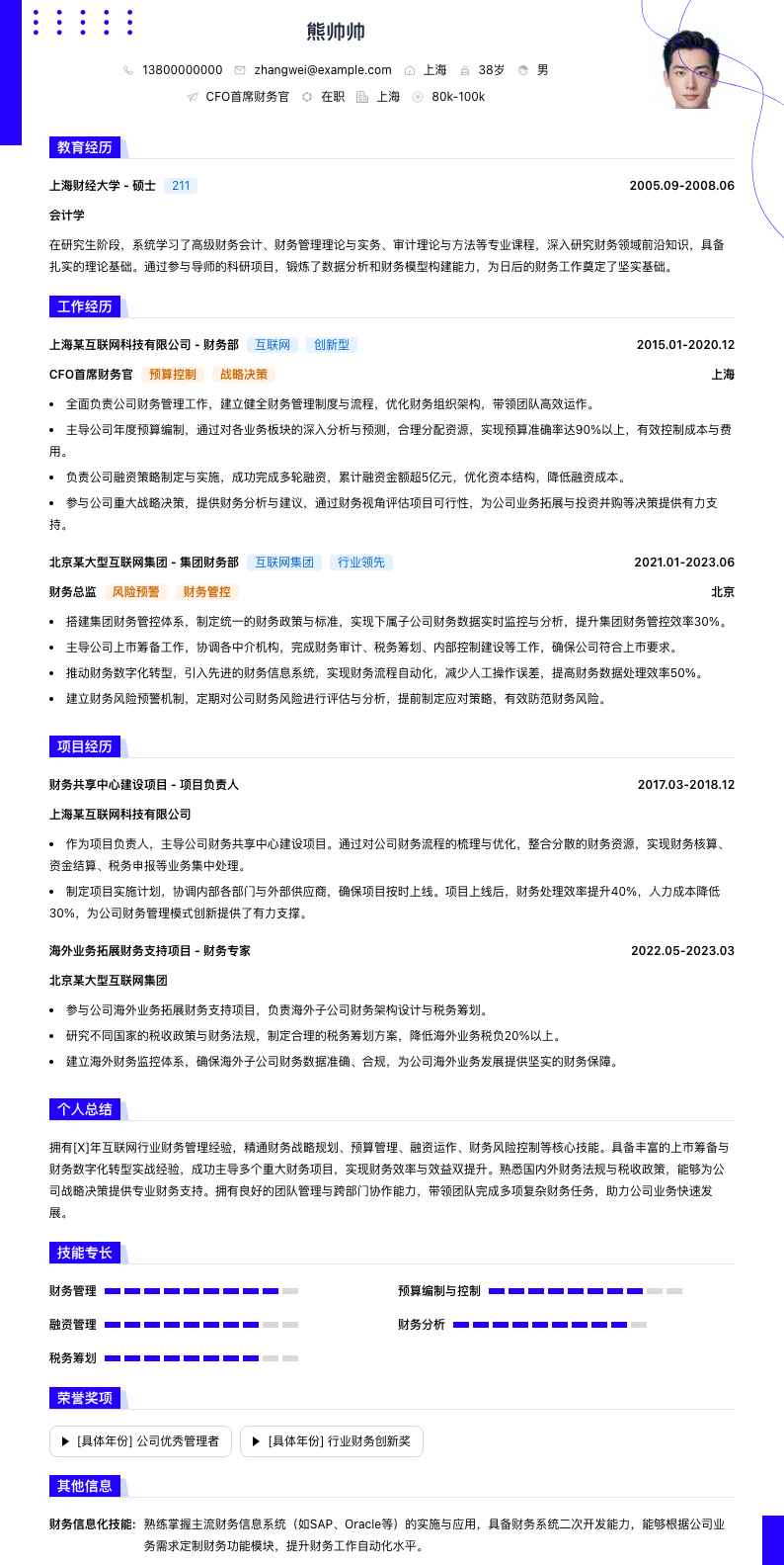 cfo首席财务官简历模板