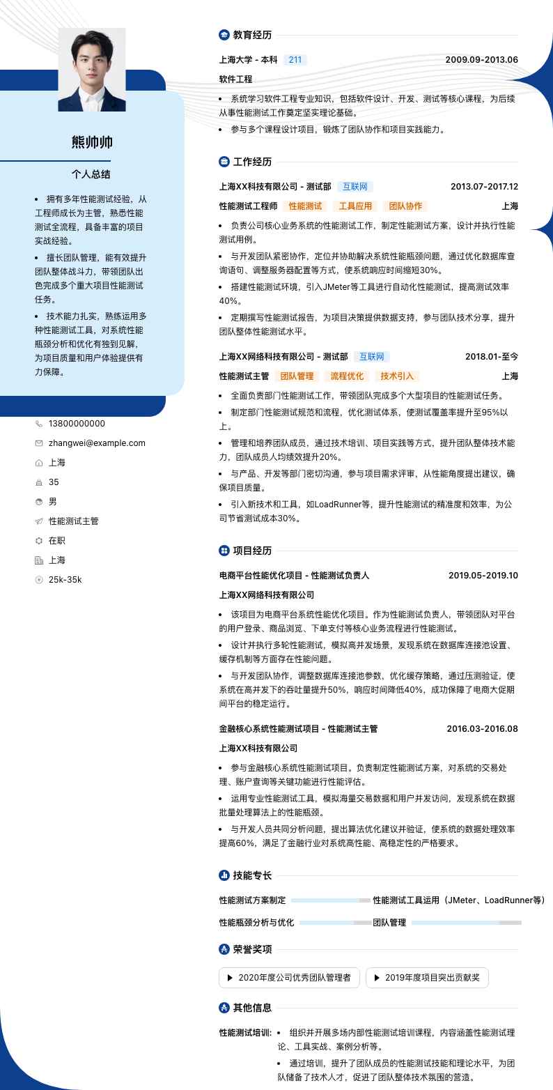 性能测试主管简历模板