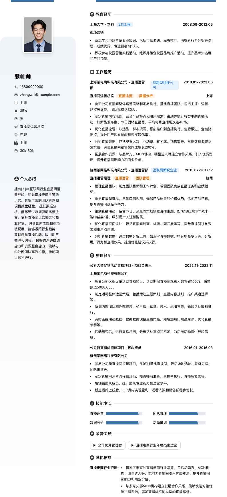直播间运营总监简历模板