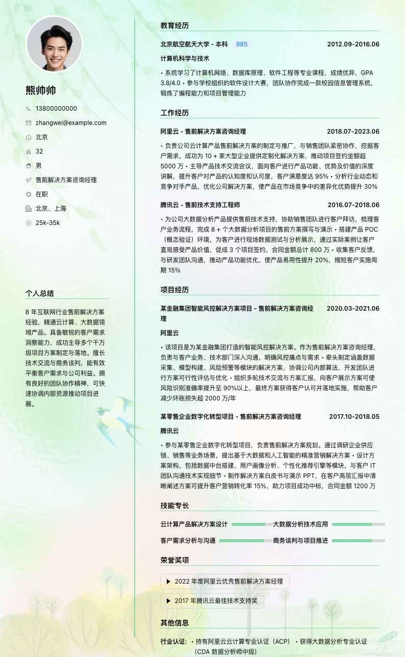 售前解决方案咨询经理简历模板