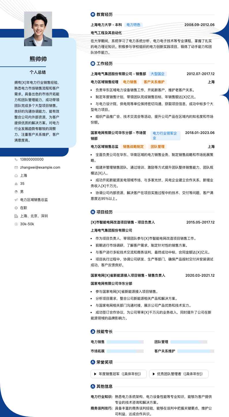 电力区域销售总监简历模板