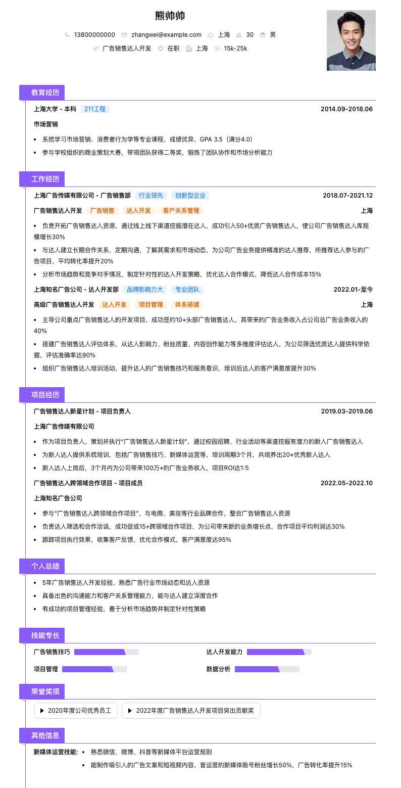 广告销售达人简历模板
