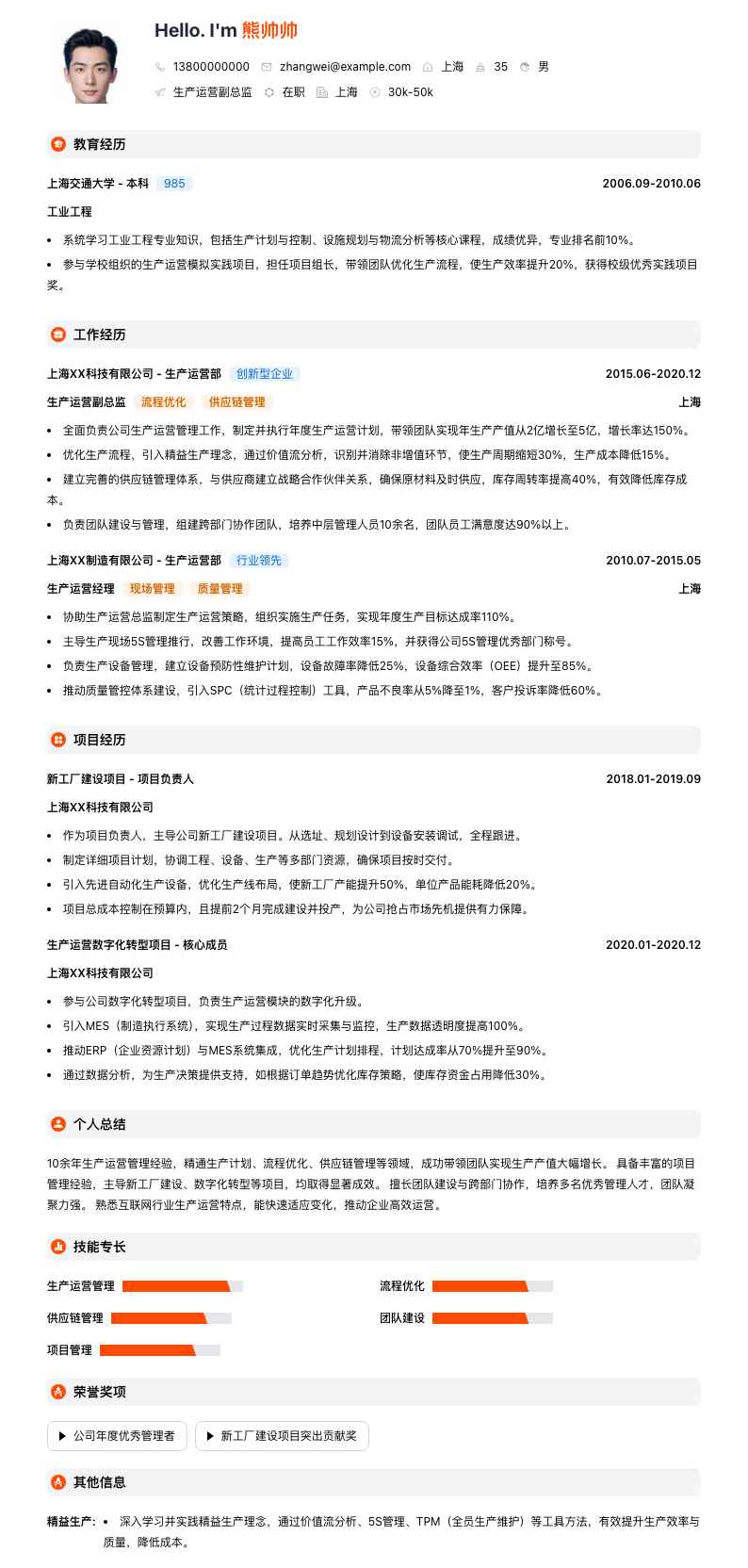生产运营副总监简历模板