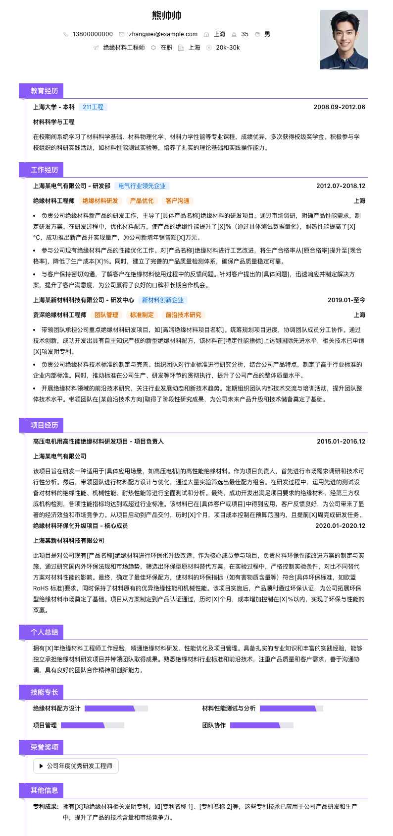 绝缘材料工程师简历模板