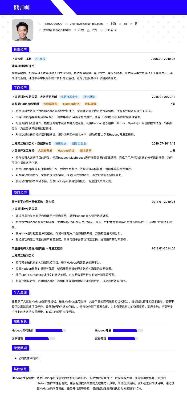 大数据Hadoop架构师简历模板