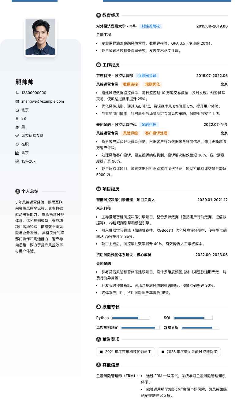 风控运营专员简历模板