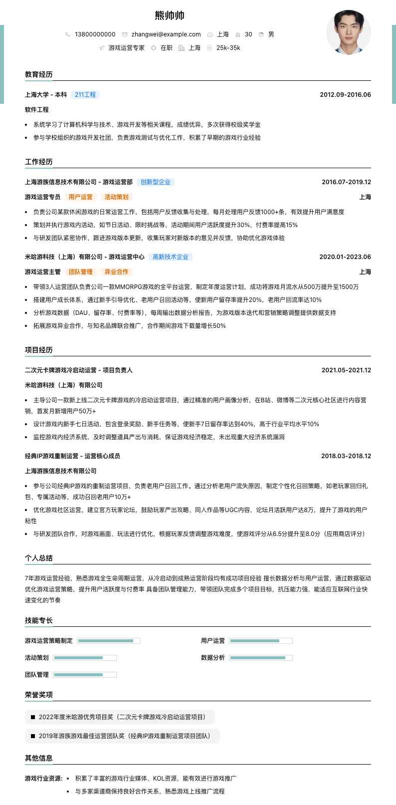 游戏运营专家简历模板