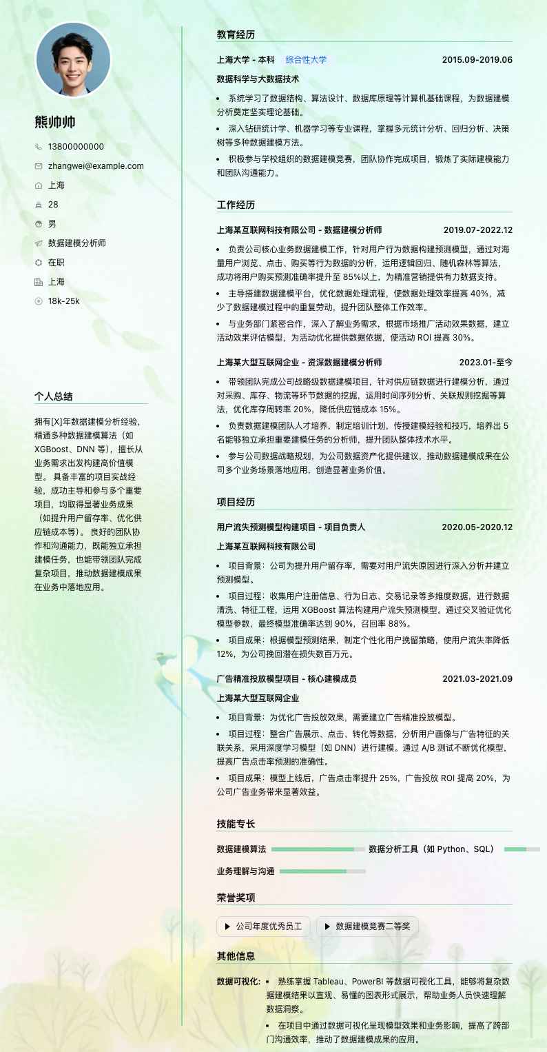 数据建模分析师简历模板
