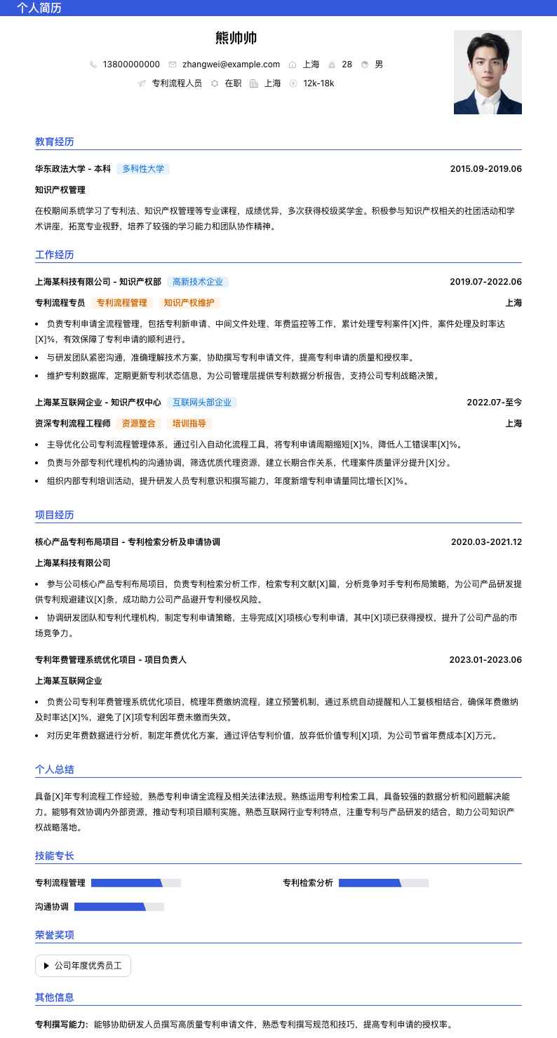 专利流程人员简历模板