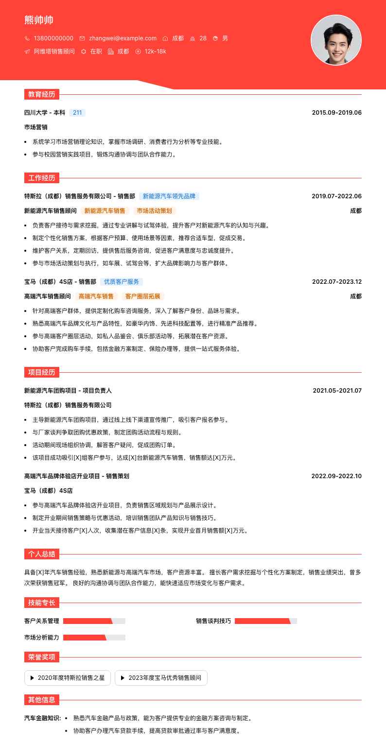阿维塔销售顾问简历模板