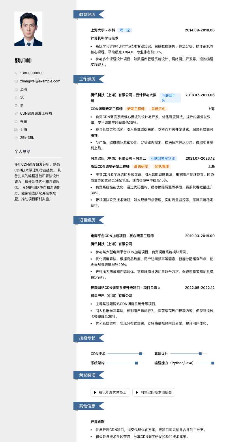 cdn调度研发工程师简历模板