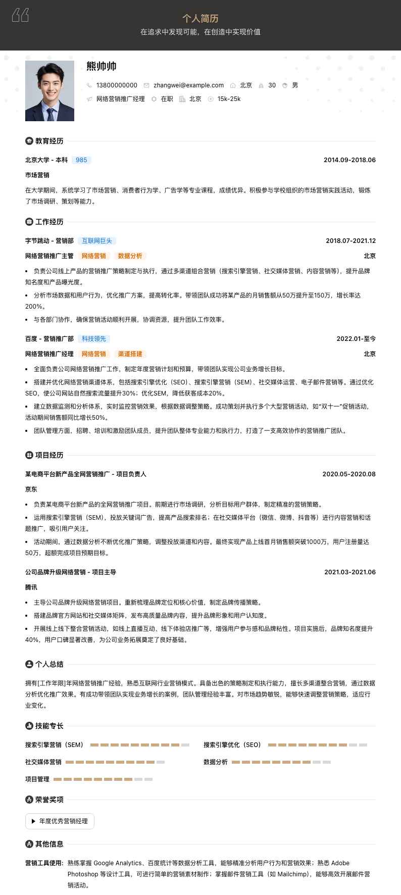 网络营销推广经理简历模板