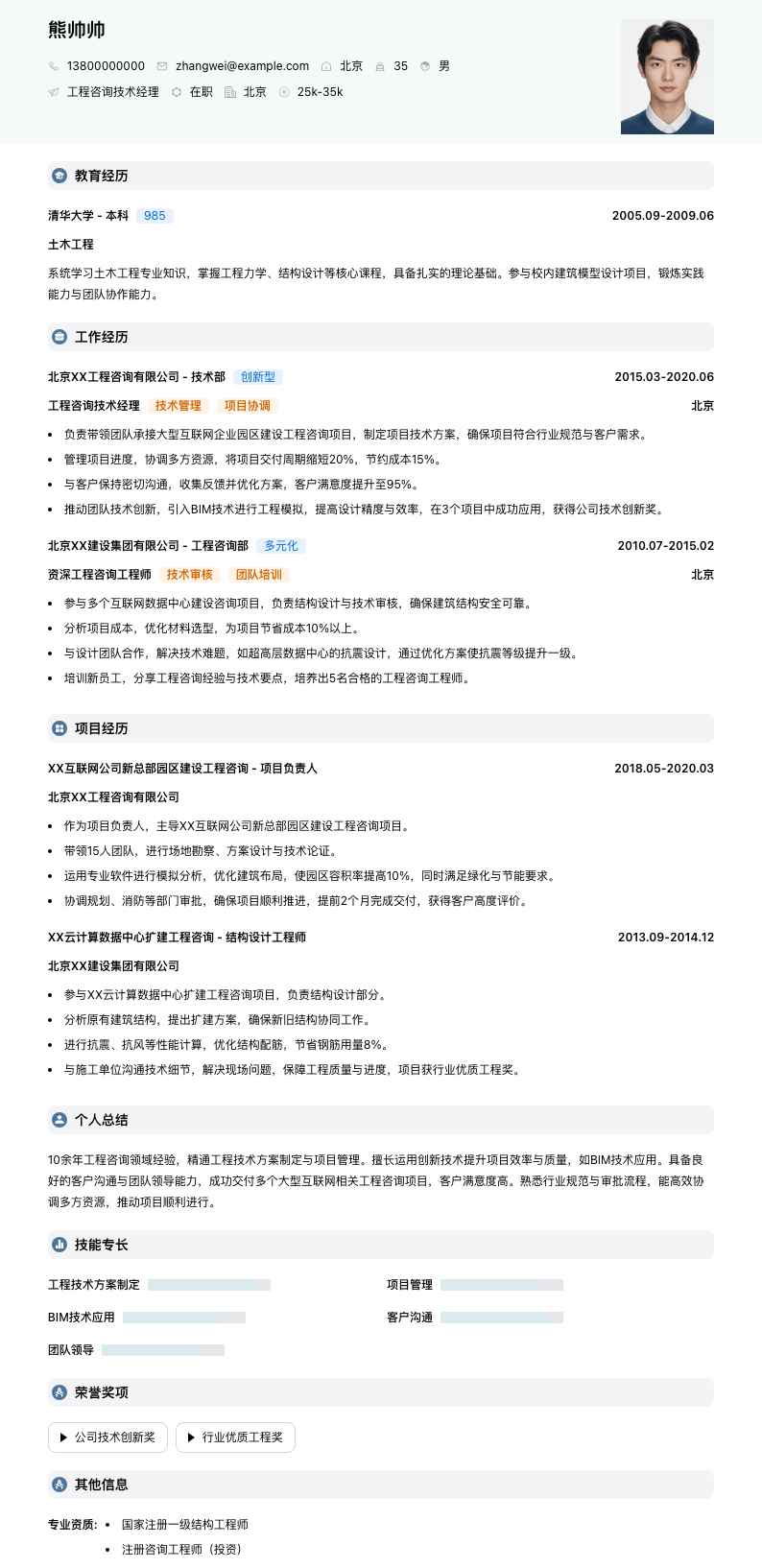 工程咨询技术经理简历模板