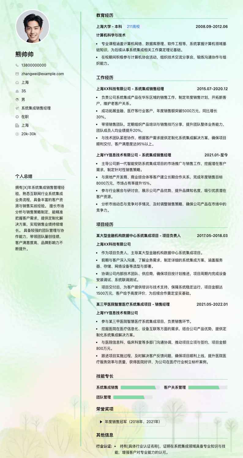 系统集成销售经理简历模板