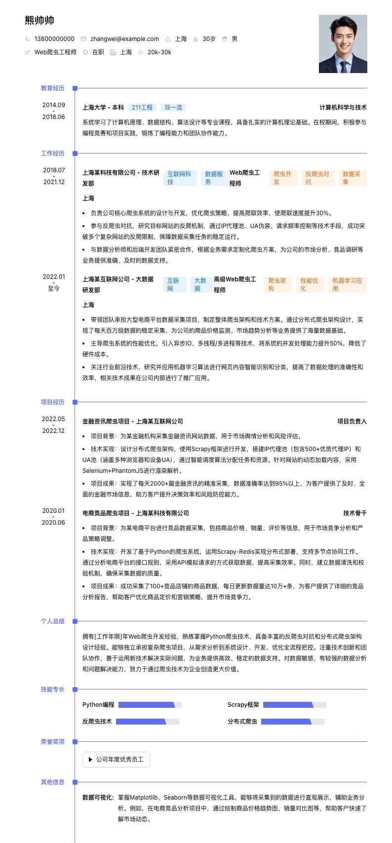 Web爬虫工程师简历模板