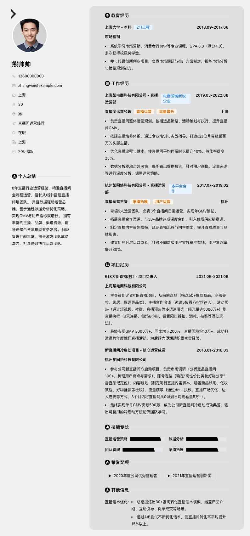 直播间运营经理简历模板