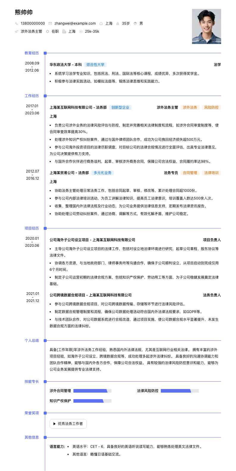 涉外法务主管简历模板