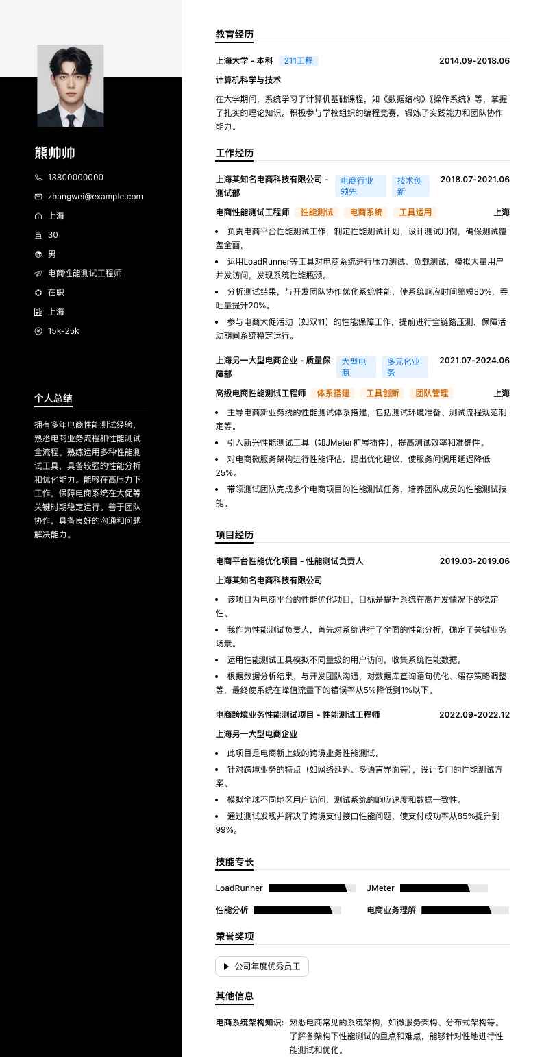 电商性能测试工程师简历模板