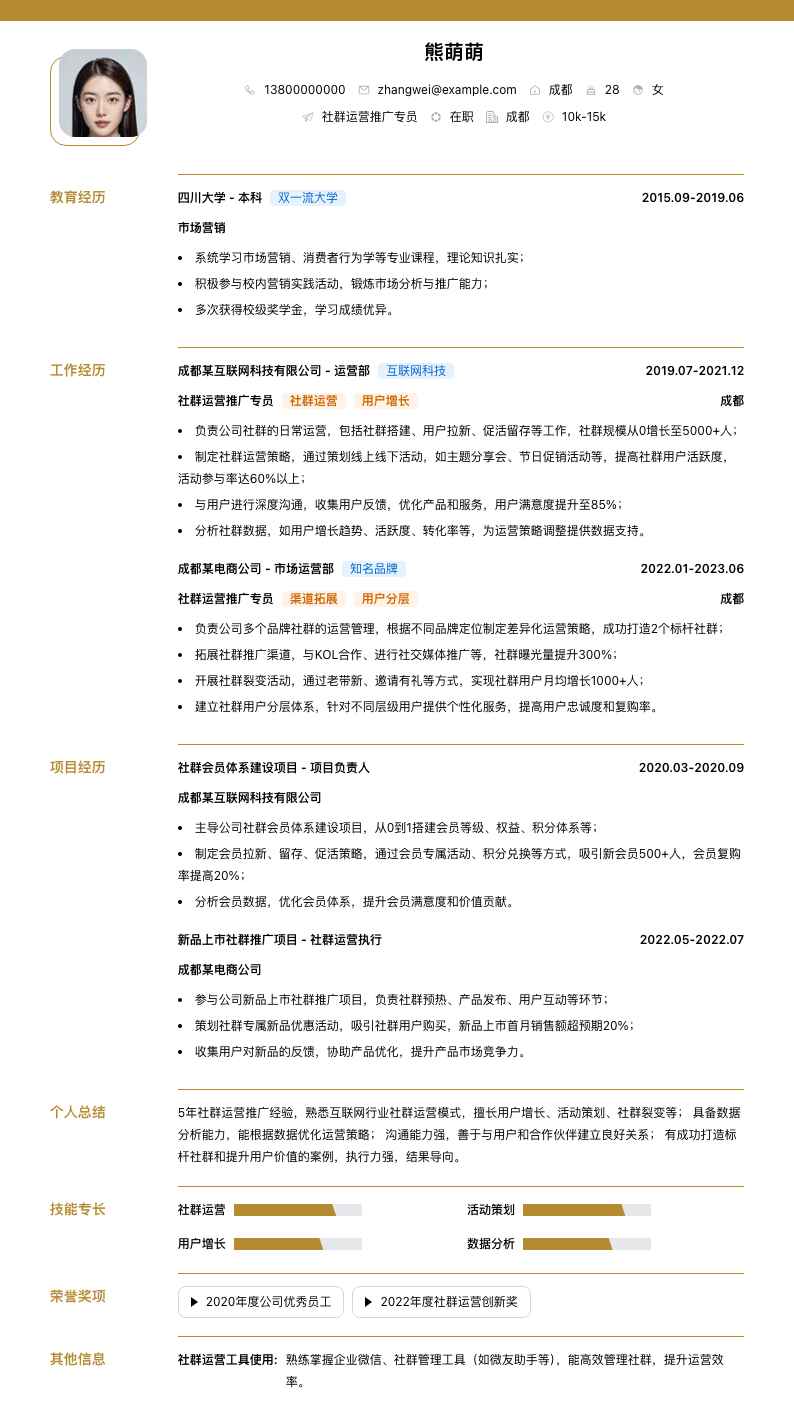 社群运营推广专员简历模板