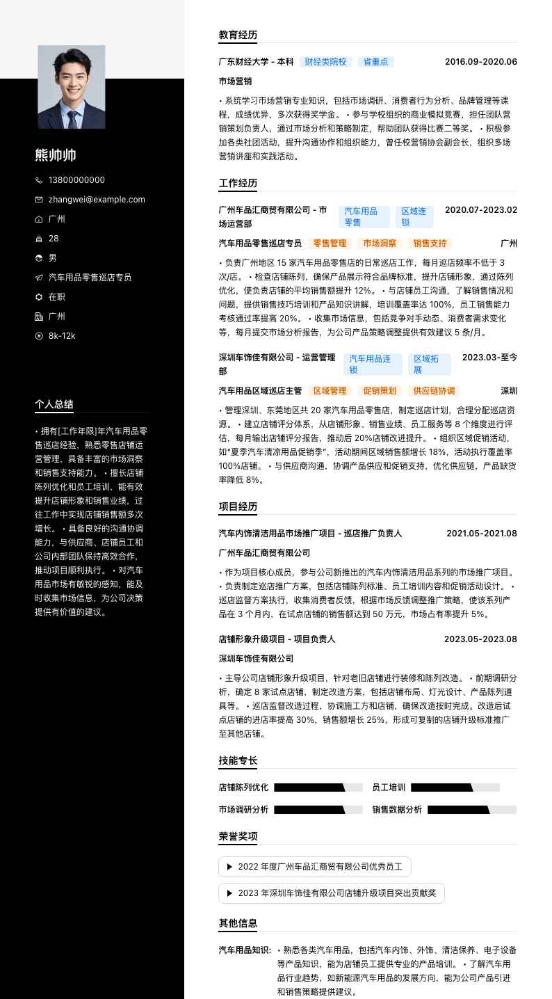 汽车用品零售巡店专员简历模板