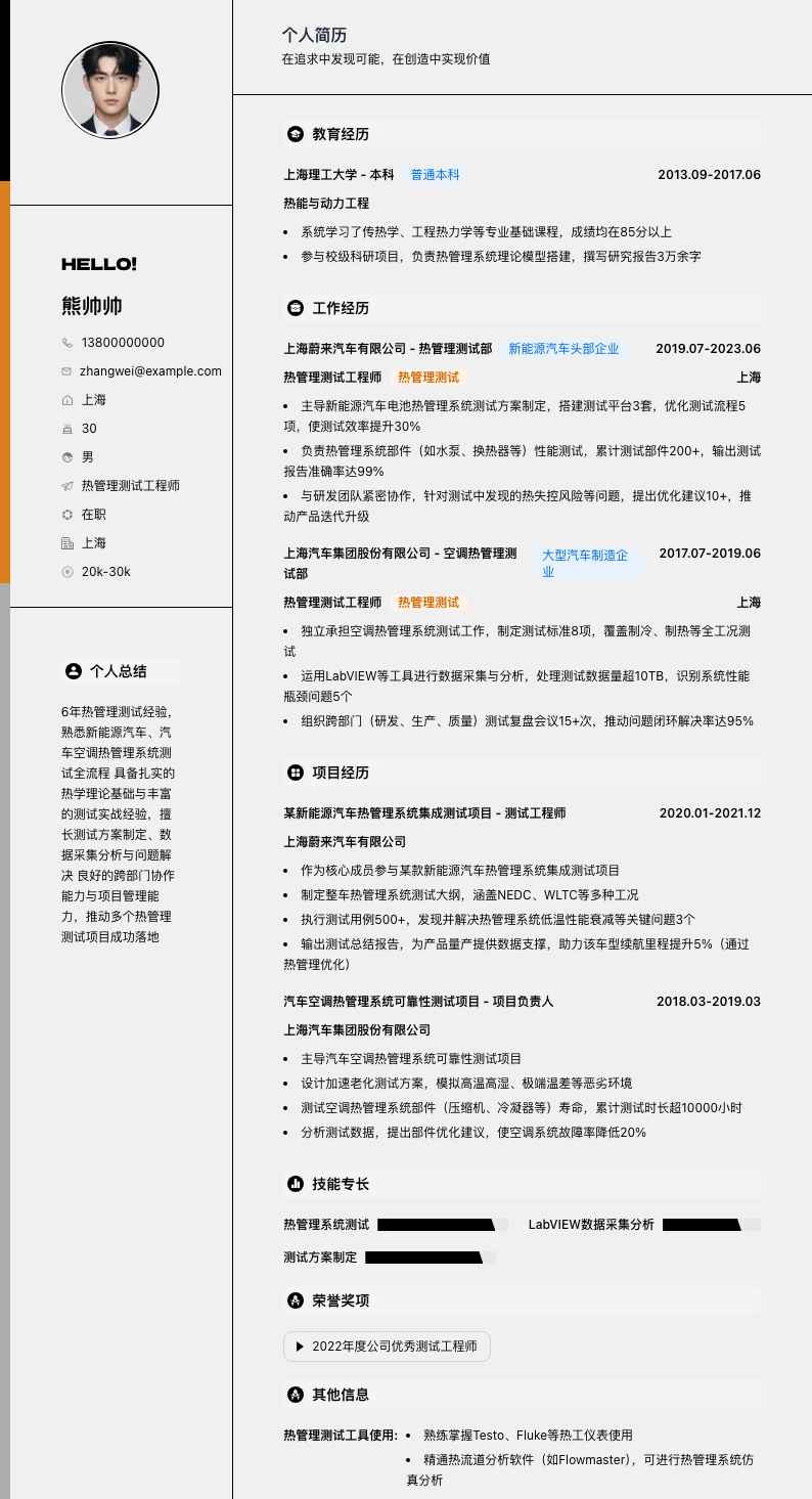 热管理测试工程师简历模板