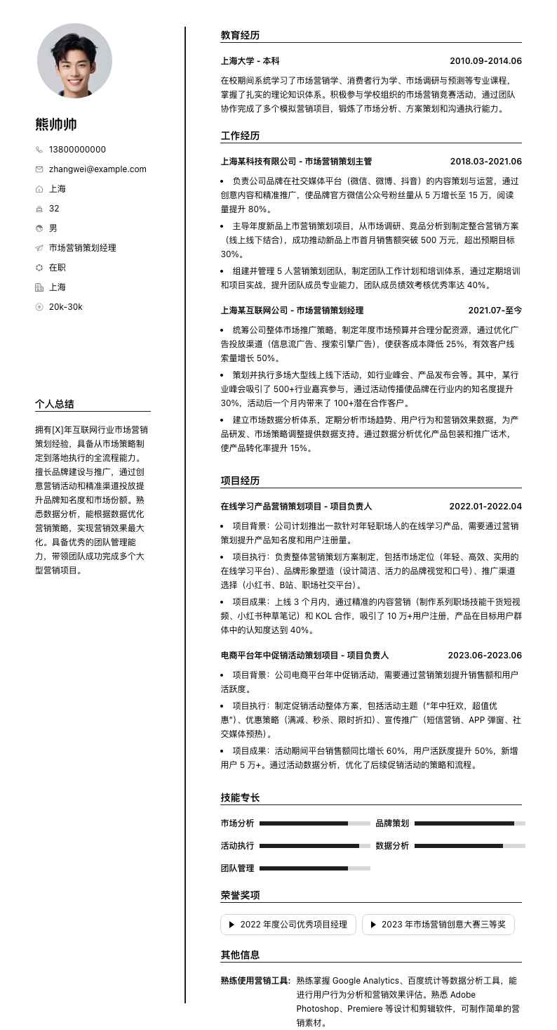 市场营销策划经理简历模板