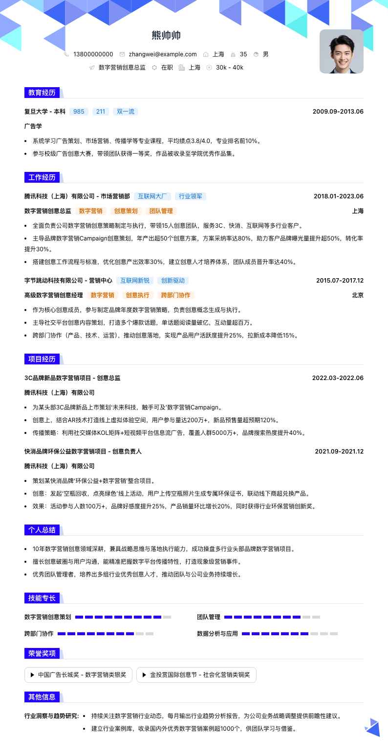 数字营销创意总监简历模板