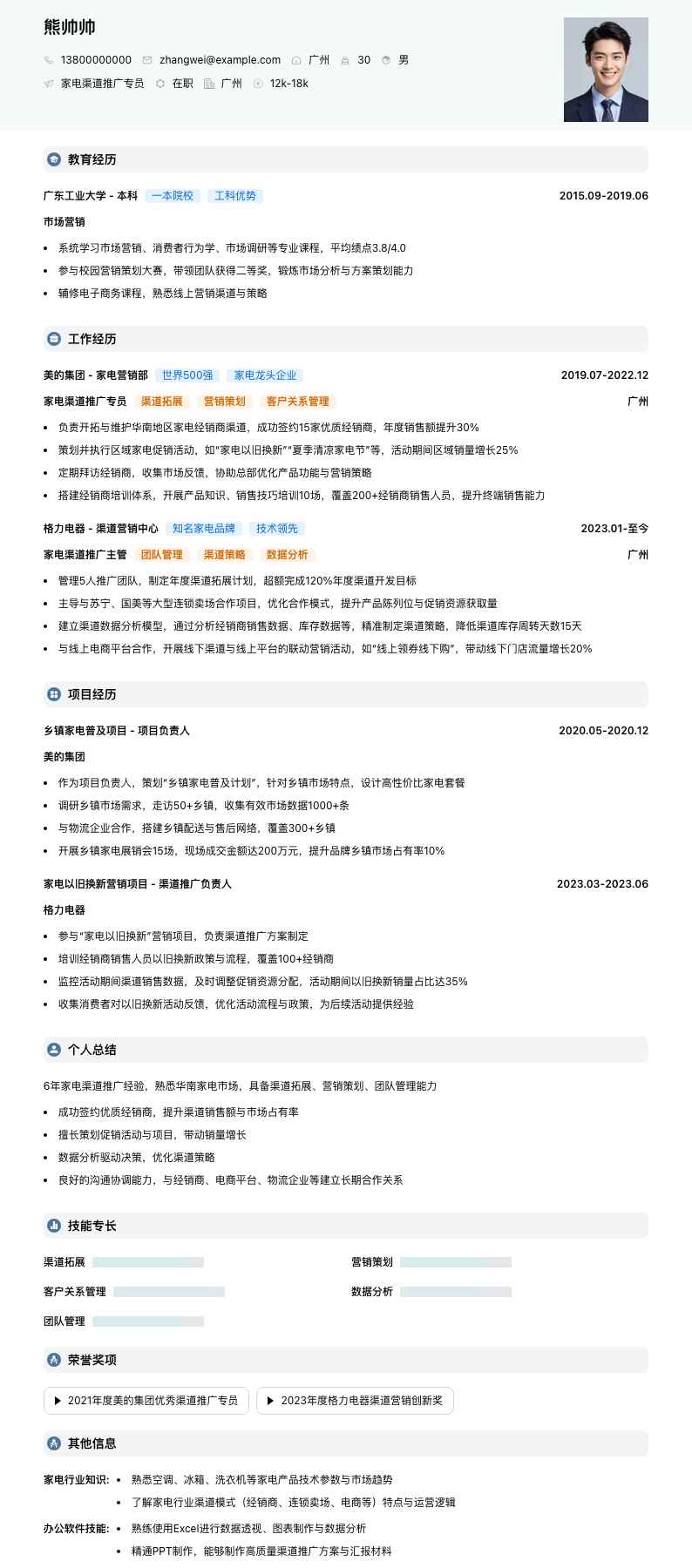 家电渠道推广专员简历模板