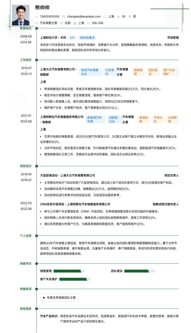 汽车销售主管简历模板