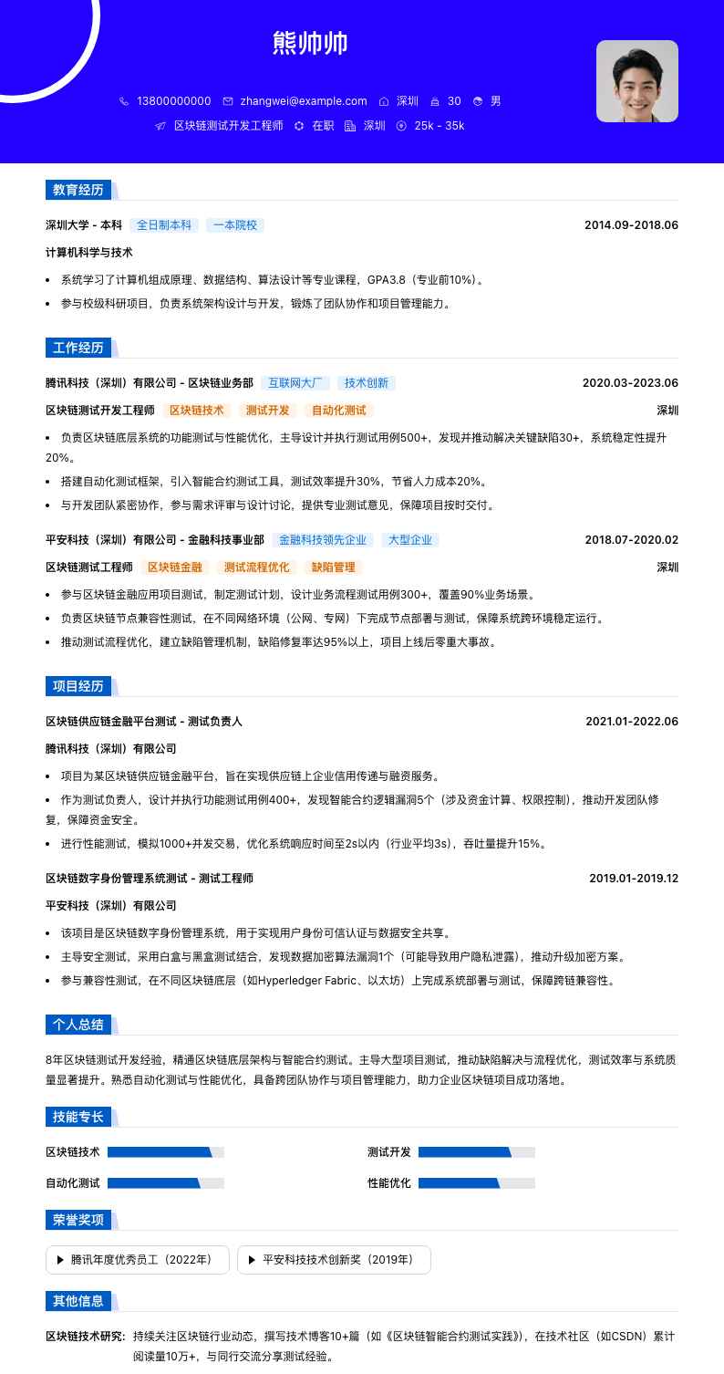 区块链测试开发工程师简历模板