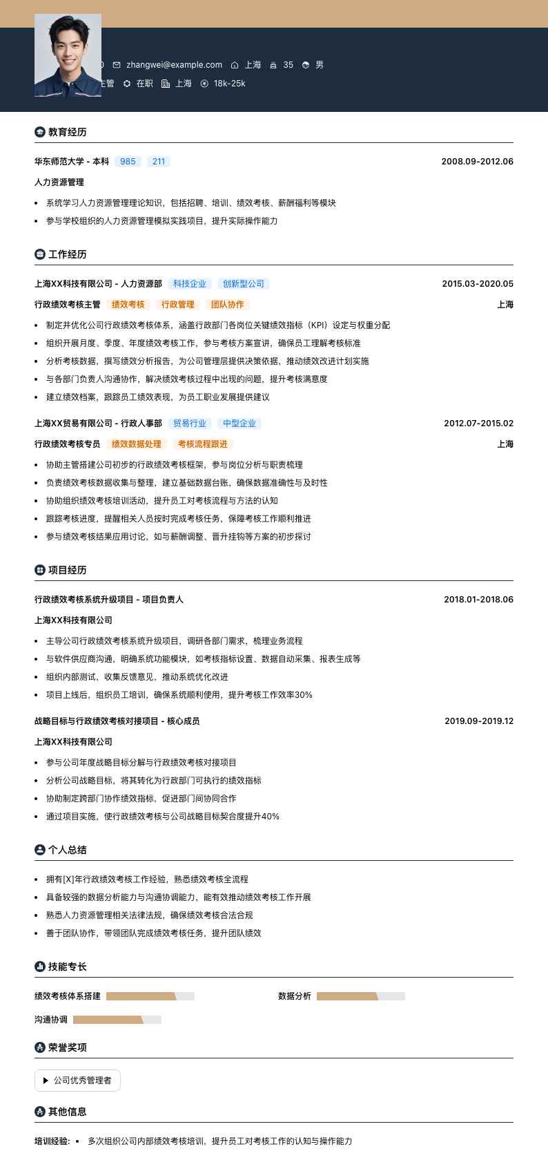 行政绩效考核主管简历模板